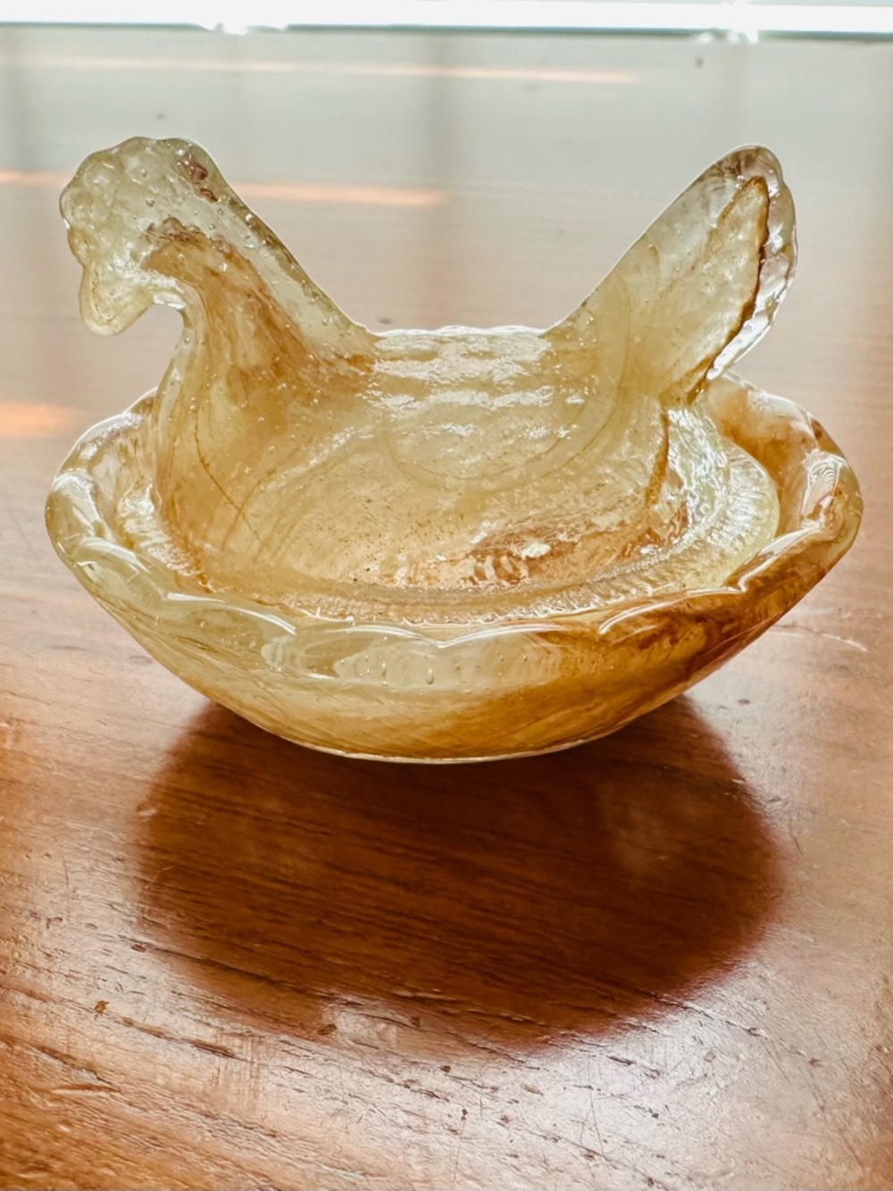 Chocolate swirl (rare) glass mini hen on nest (2.5”)